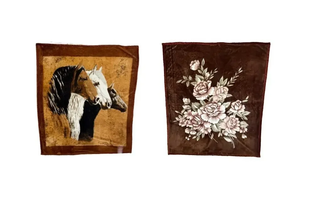 Vintage Thick Reversible Fleece Blanket Accent Quilt Horse & Flower Motifs Brown